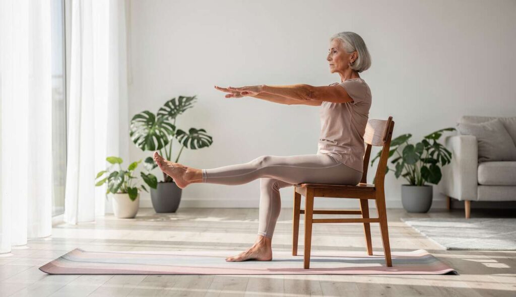 Na je 65e fit blijven? Deze 5 stoeloefeningen versterken je core zonder gewrichten te belasten